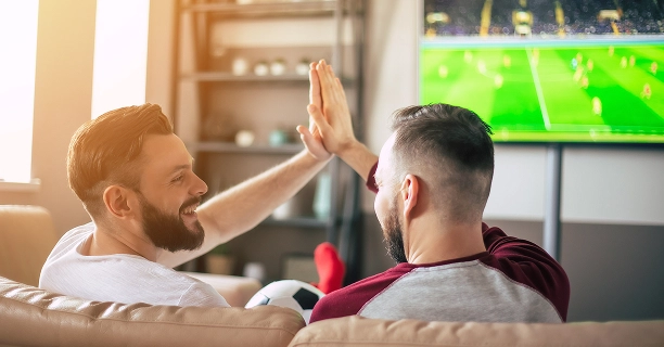 Adeptos a desfrutar de um jogo de futebol na televisão e a celebrar juntos um momento emocionante.